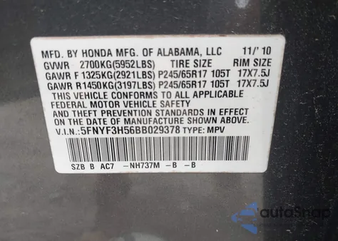 2011 Honda Pilot Ex-L из США, поврежденный, VIN 5FNYF3H56BB029378